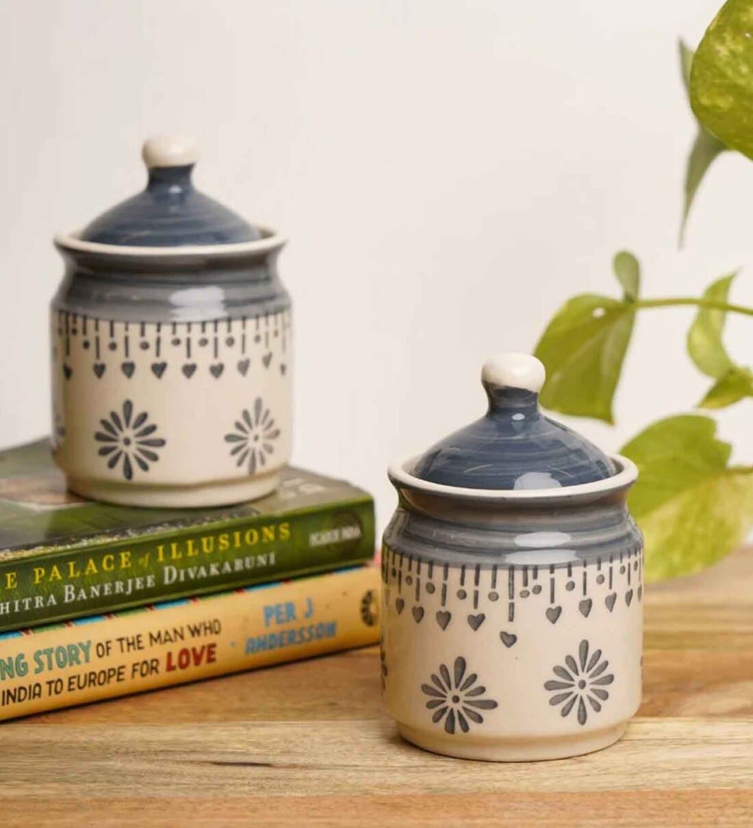(Set of 2) 225ml Ceramic Storage Barni Jar with Lid and Tray (Grey & White)Share By VoiDrop