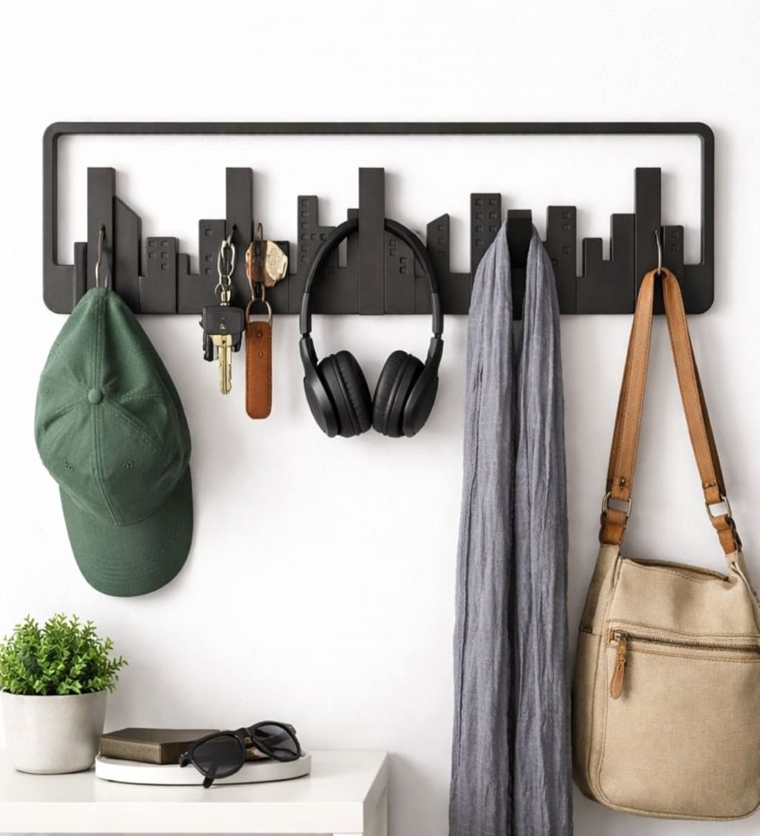 Black Multipurpose Metal City Wall Hanger with Multiple HooksShare By The Quirk Box