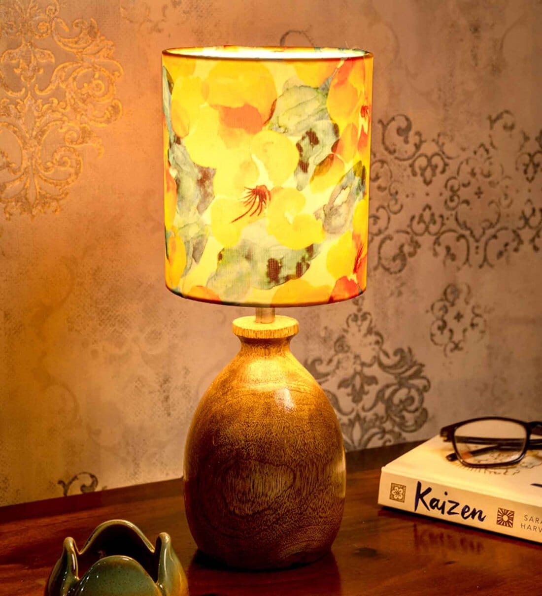 Wooden Dome Table Lamp with Multicolor Orange Lamp ShadeShare By Green Girgit