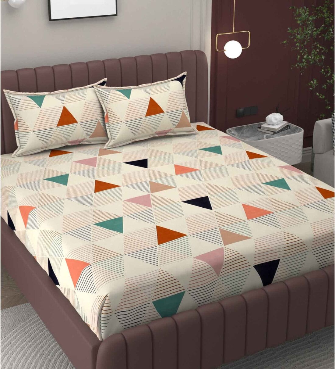 Multicolor Geometric 200 TC Microfiber Queen Sized Double Bedsheet with 2 Pillow CoversShare By Bromwick