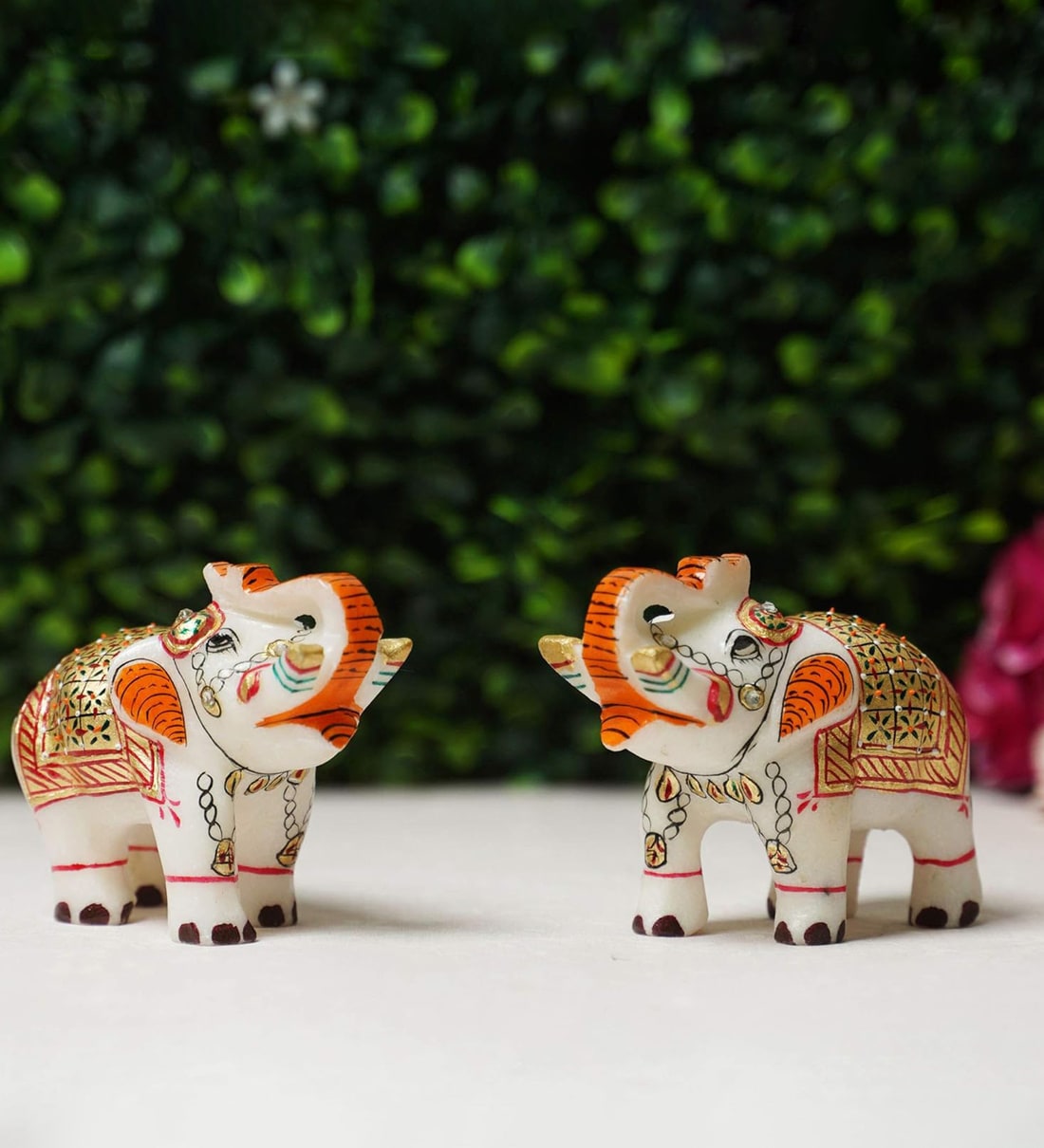 2 Pcs Handcrafted Meena Design Marble Elephant Figurine (White)Share By Fashion Bizz