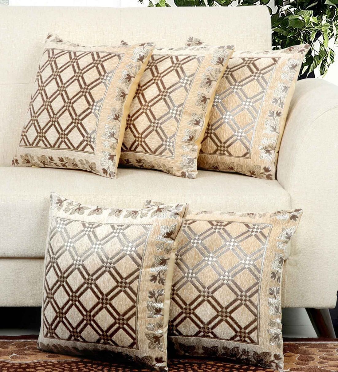 Set of 5 Cream Traditional Chenille 16 x 16 Inches Cushion CoversShare By Bella True
