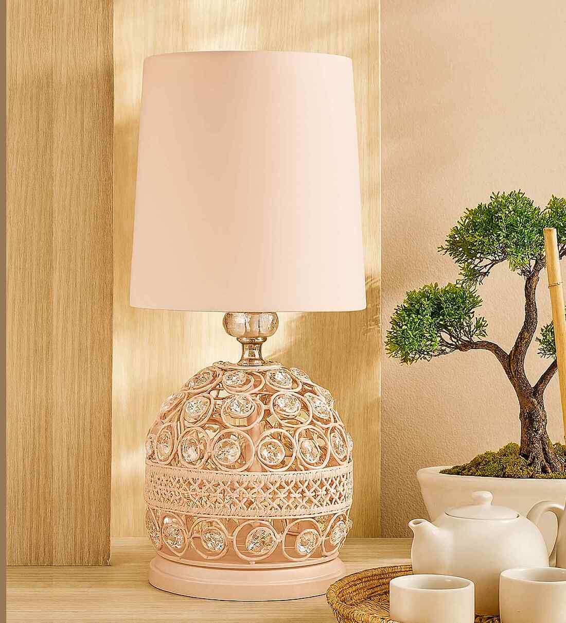 Modern Small Crystal Table Lamp,Contemporary Bedroom Bedside Nightstand Lamp,Desk Globe Lamp for Living Room Girls Kids Room, Pink Fabric ShadeShare By Homesake