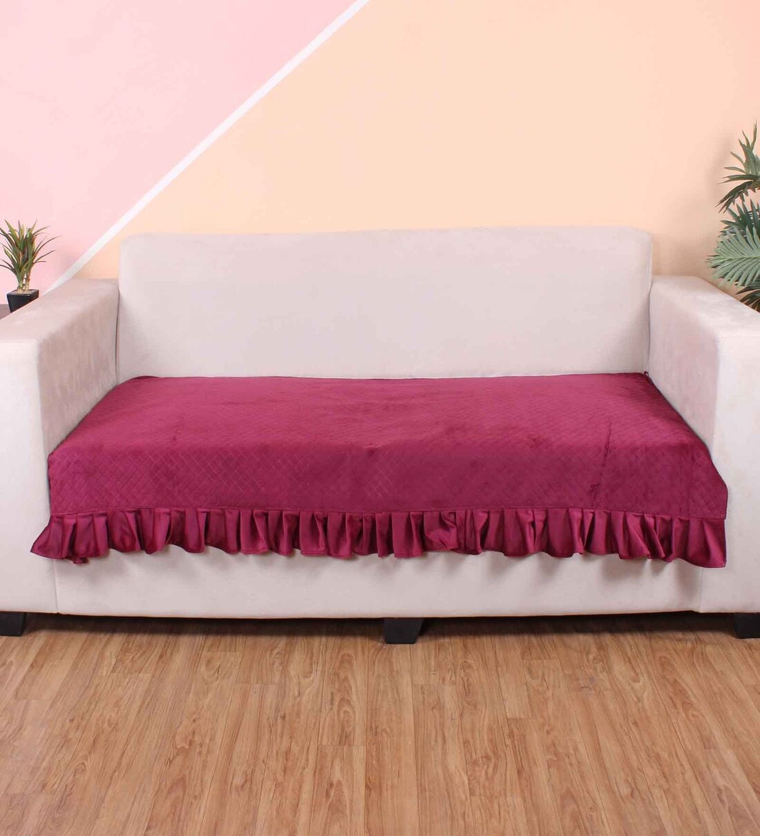 Maroon Solid Velvet 3 Seater Quilted Sofa Cover (Protector) with FrillShare By Stitchnest