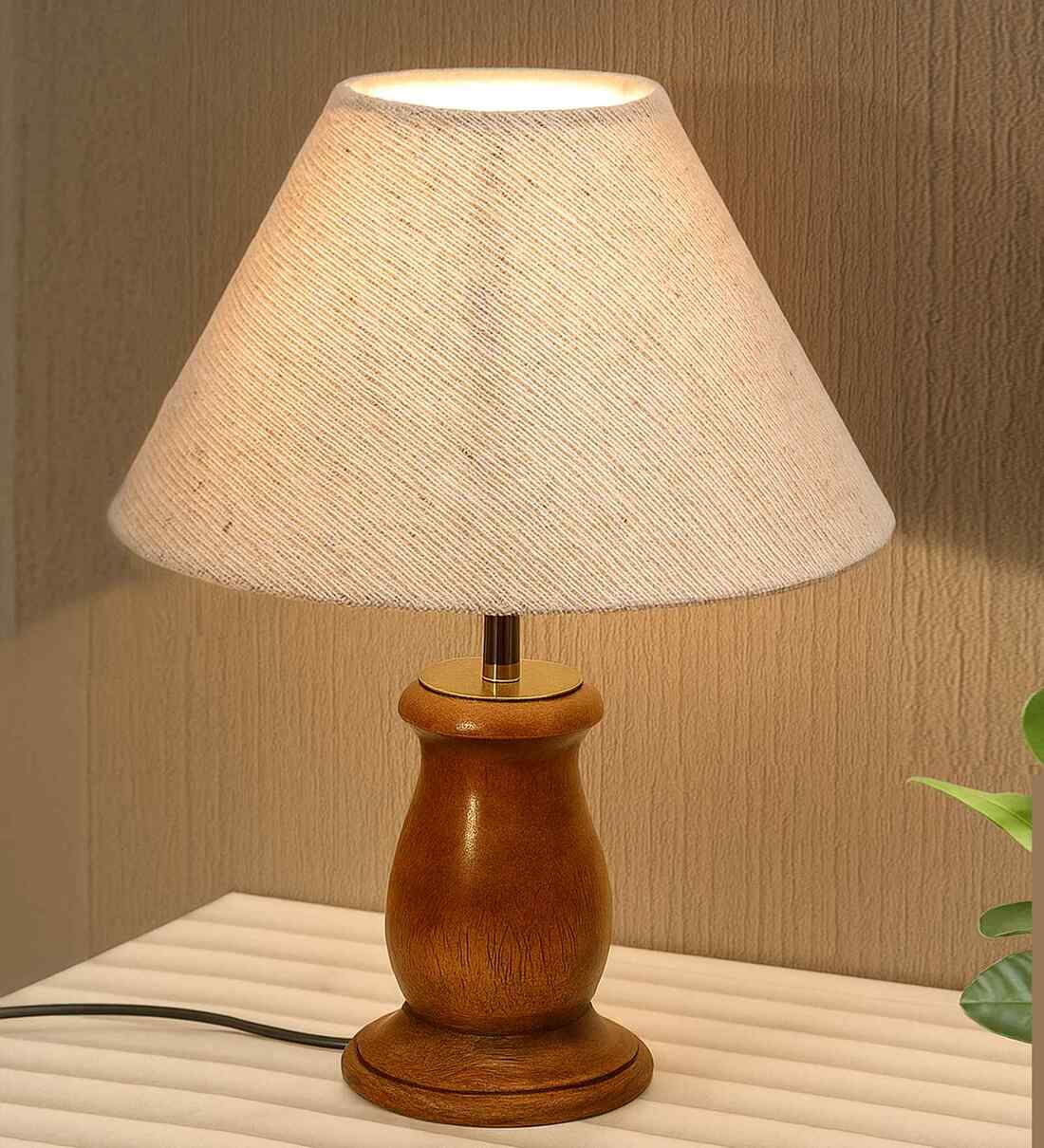 Mid Century Single Table Lamp with Walnut Finish and Jute Cone ShadeShare By Homesake
