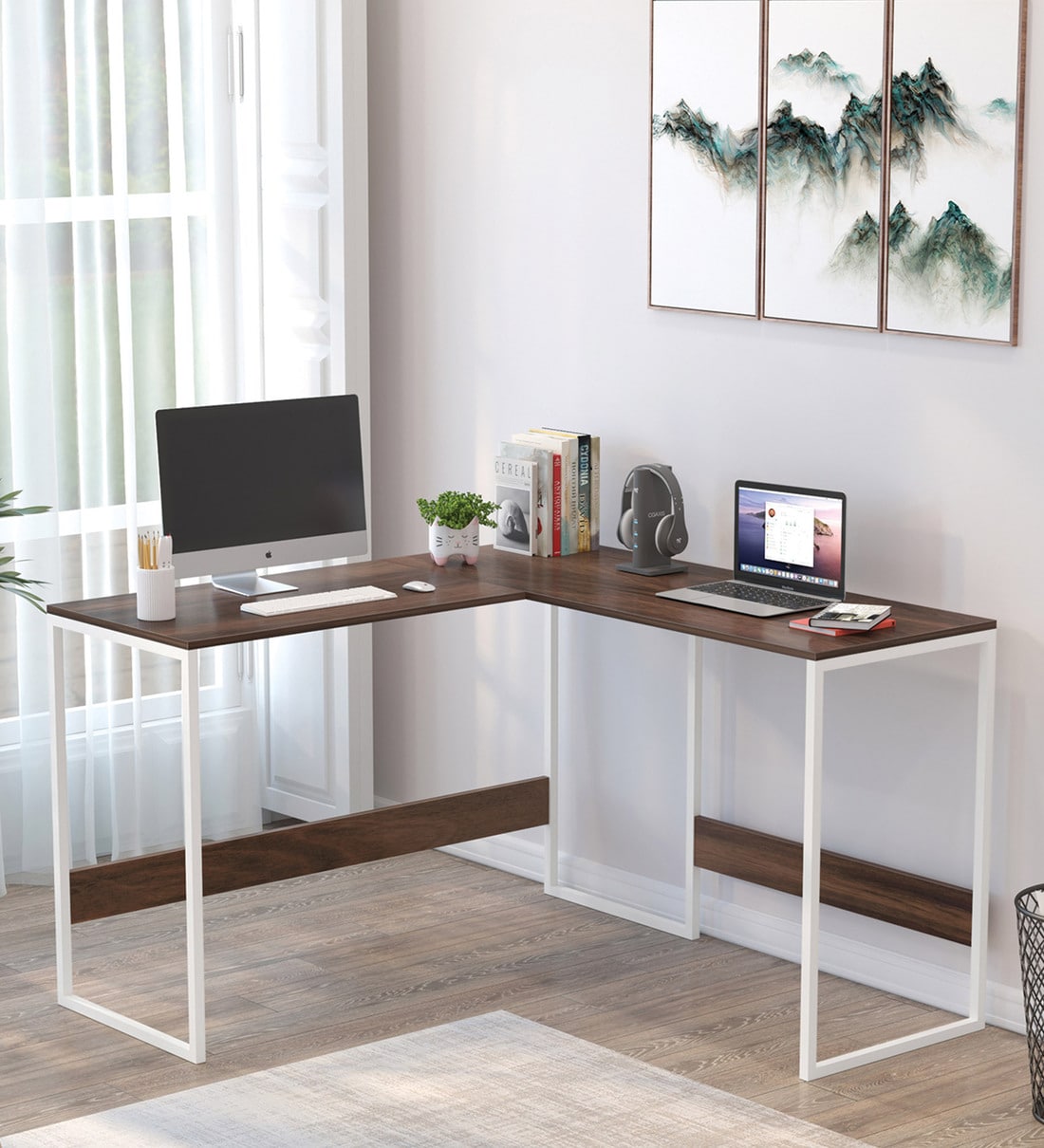 Corbyn L Shape Study Table In Brown Maple & White FinishShare By bluewud