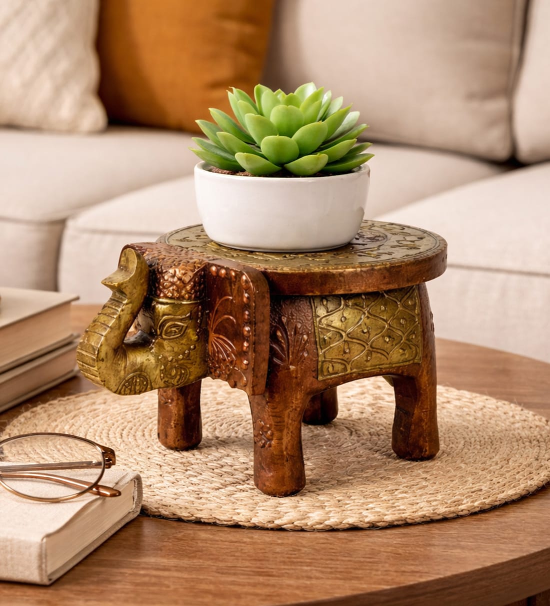 Wooden Handpainted Decorative 4'' Mini Copper Elephant ShowpieceShare By Desert Art