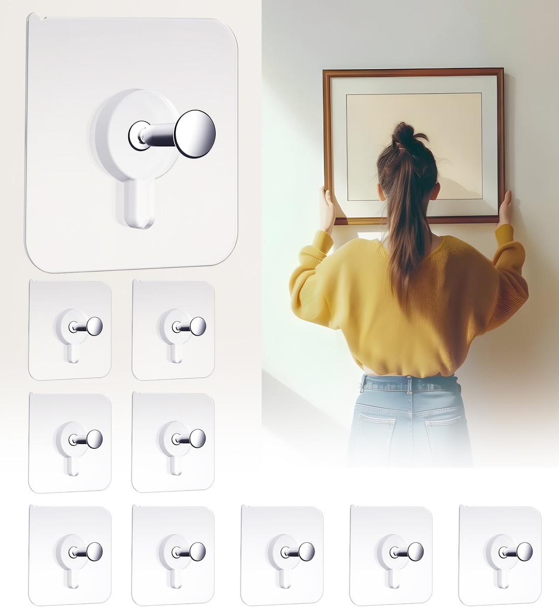 Stainless Steel Self-Adhesive Wall Photo Hooks -10 Pieces, Heavy-Duty, No-Drill Installation for Home & KitchenShare By Sunvibe