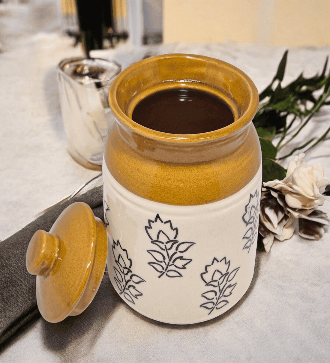 1 Ltr Blue Printed Ceramic Barni Jar with LidShare By VoiDrop