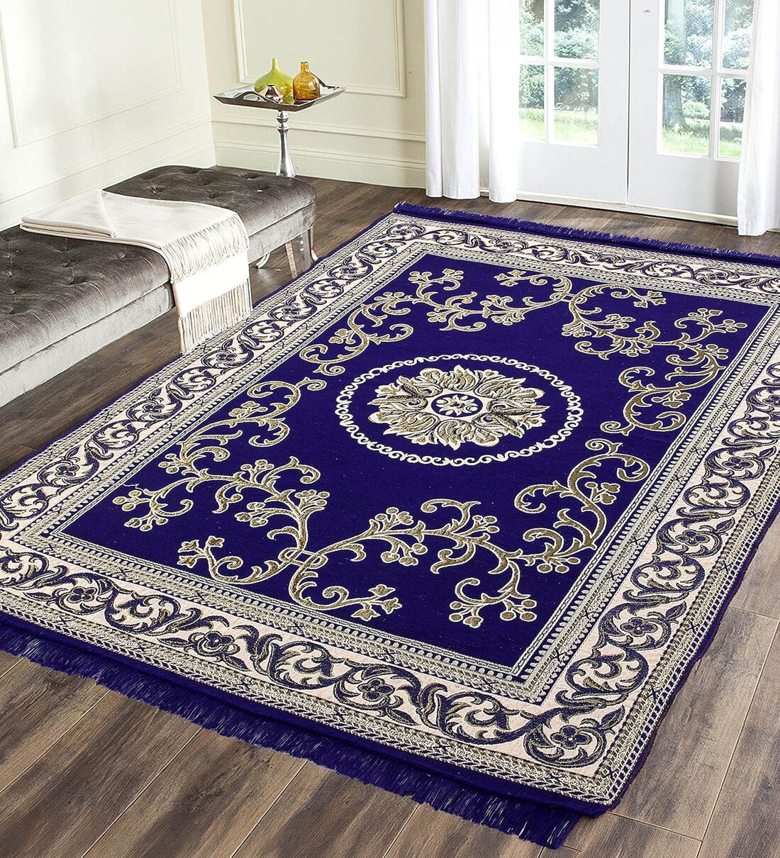 Blue Floral Chenile 5 X 7 Feet Machine Made CarpetShare By Braids