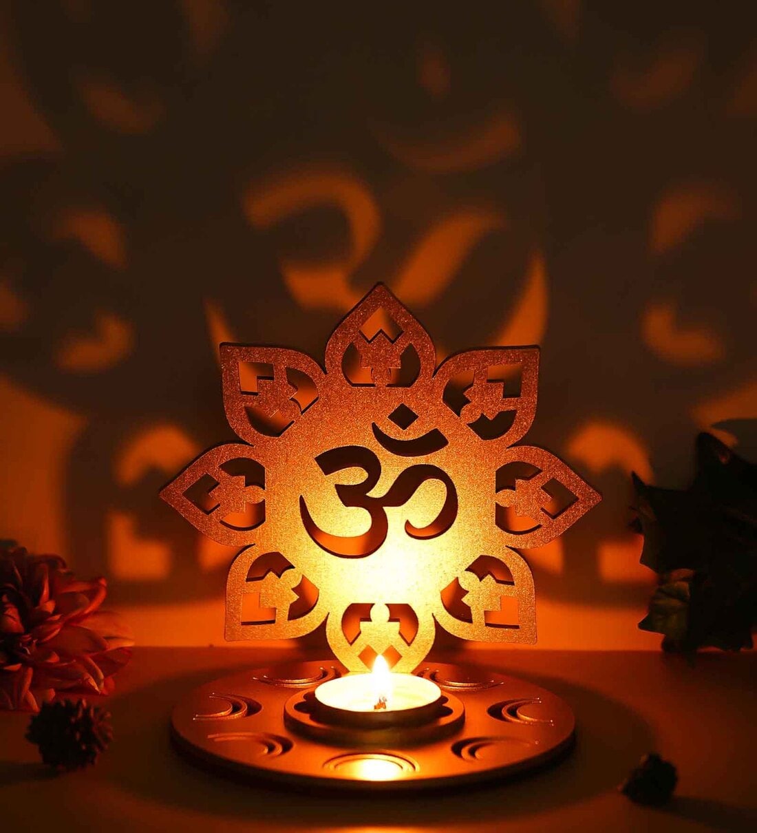 Gold Wood Wooden Om Shadow Decorative Tea Light Candle Holder Diya StandShare By eCraftIndia