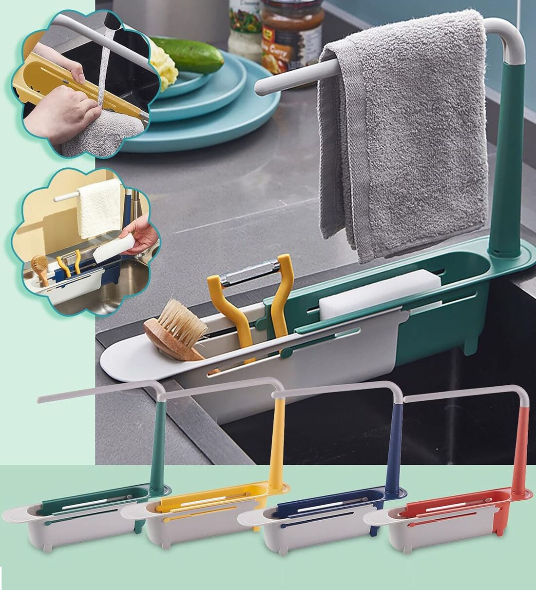 2-in-1 Drainer Sink Storage Holder with Cloth HangerShare By Wens