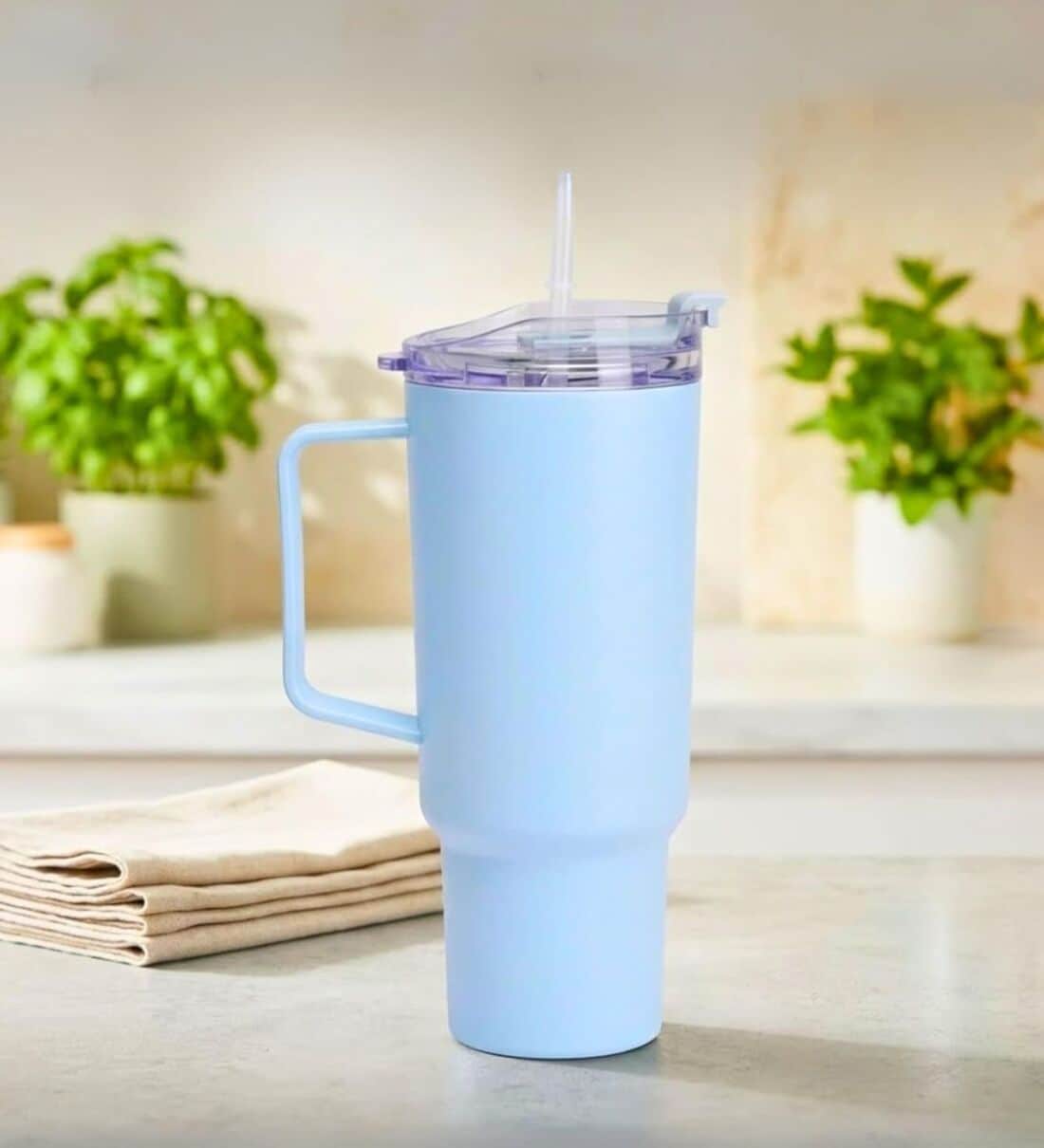 1200 Ml- Blue Plastic Tumbler with Handle & Straw LidShare By Regalo