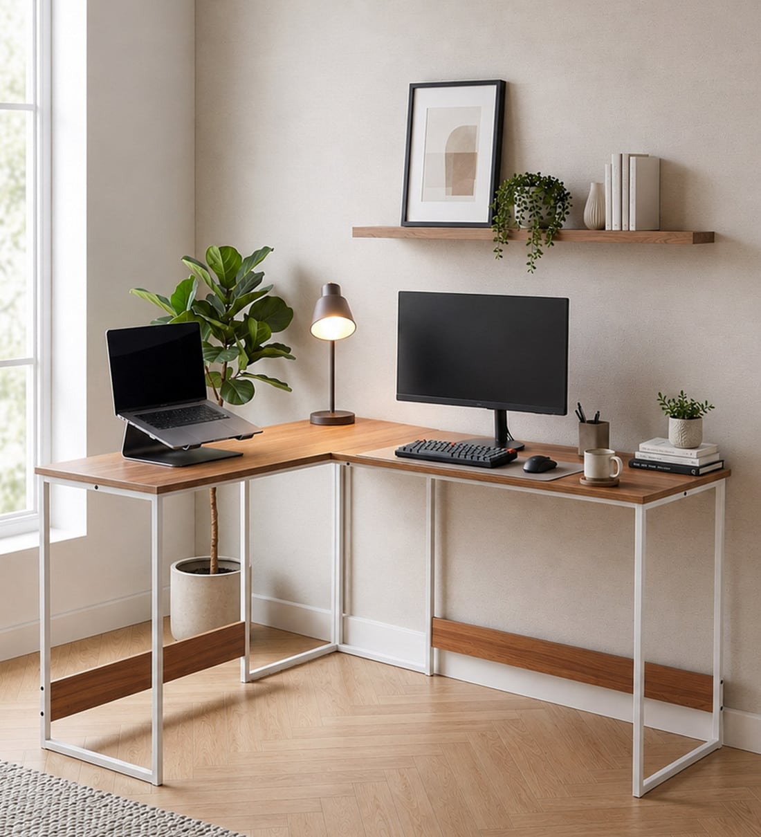 Jiro L Shape Study Table In Walnut Maple & White FinishShare By Mintwud from Pepperfry