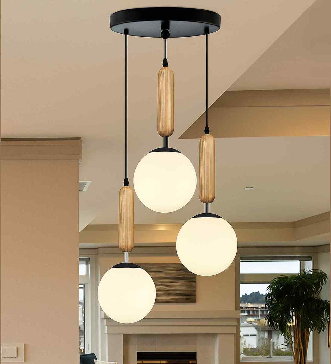 Chandelier Pendant Light, Retro Industrial Style, Rustic Wood Tube with Frosty GlobeShare By Homesake