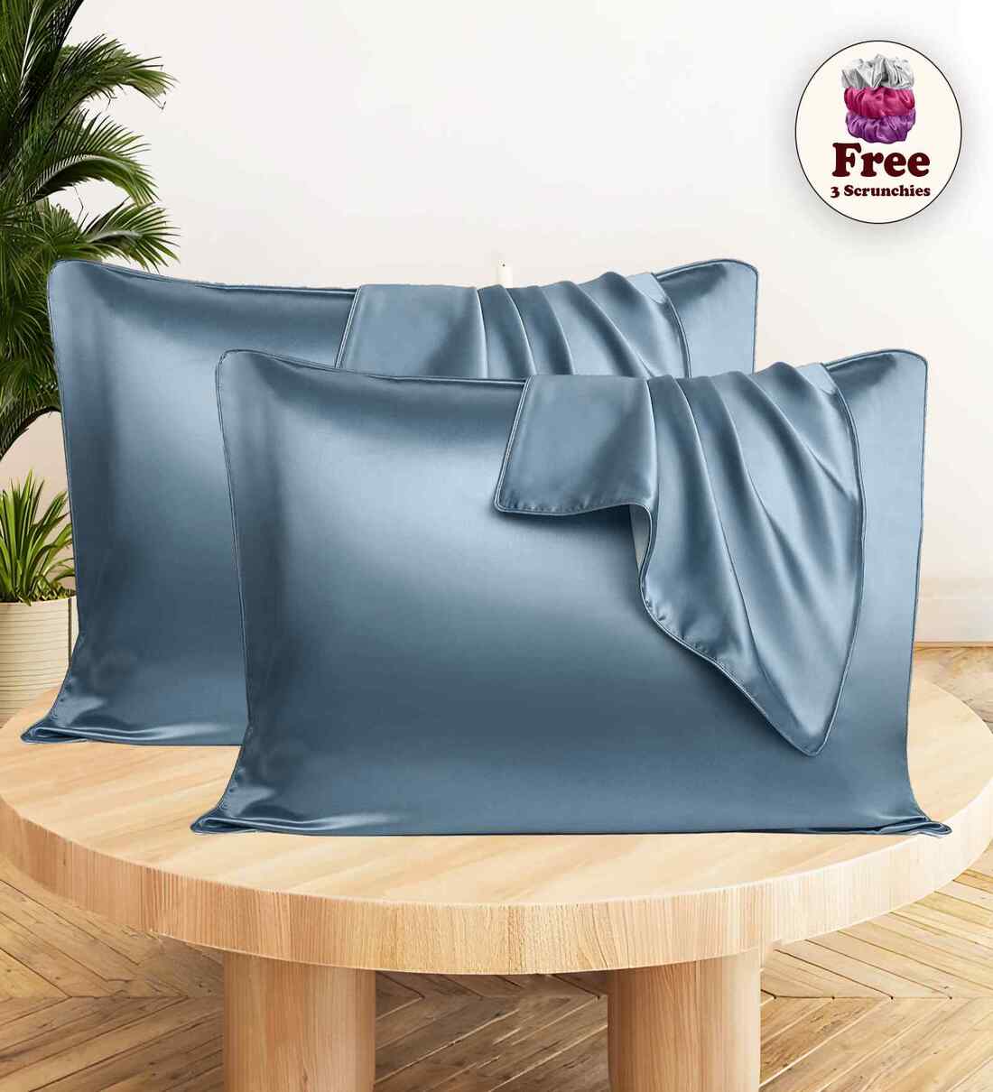 Blue Satin Silk 72x46 cm Pillow Covers (Set of 2) With 1Pc Scrunchie FreeShare By Sunvibe