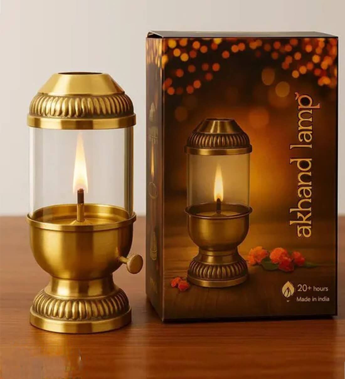 Akhand Diya with Bati Adjuster & Glass Cover Brass/Glass Oil Lamp (Golden/Clear)Share By Wens