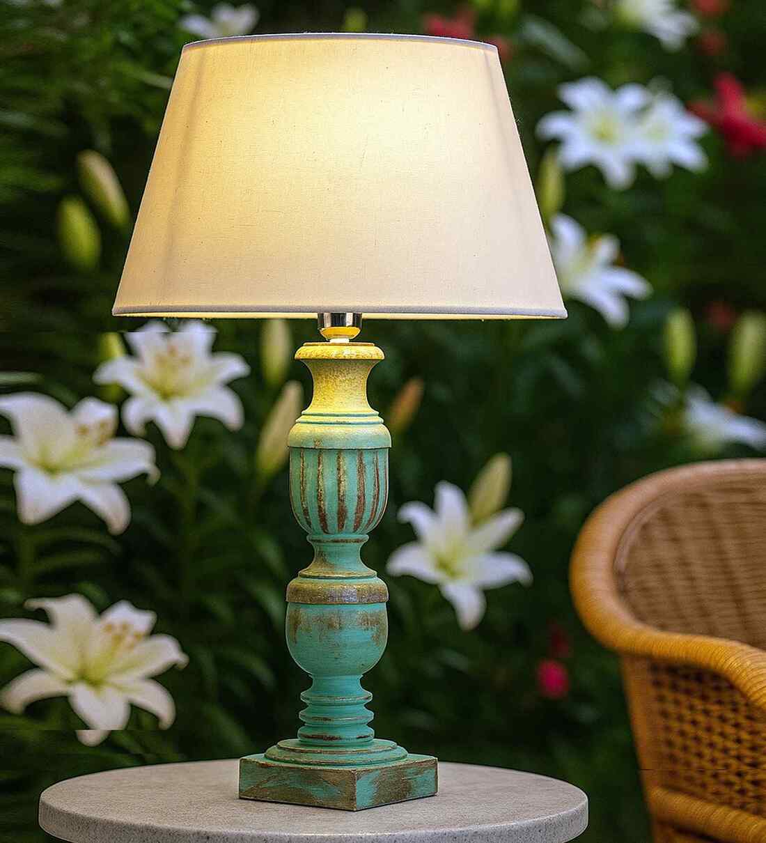 Adriana Off White Cotton Shade Night Lamp With Wood BaseShare By Homesake