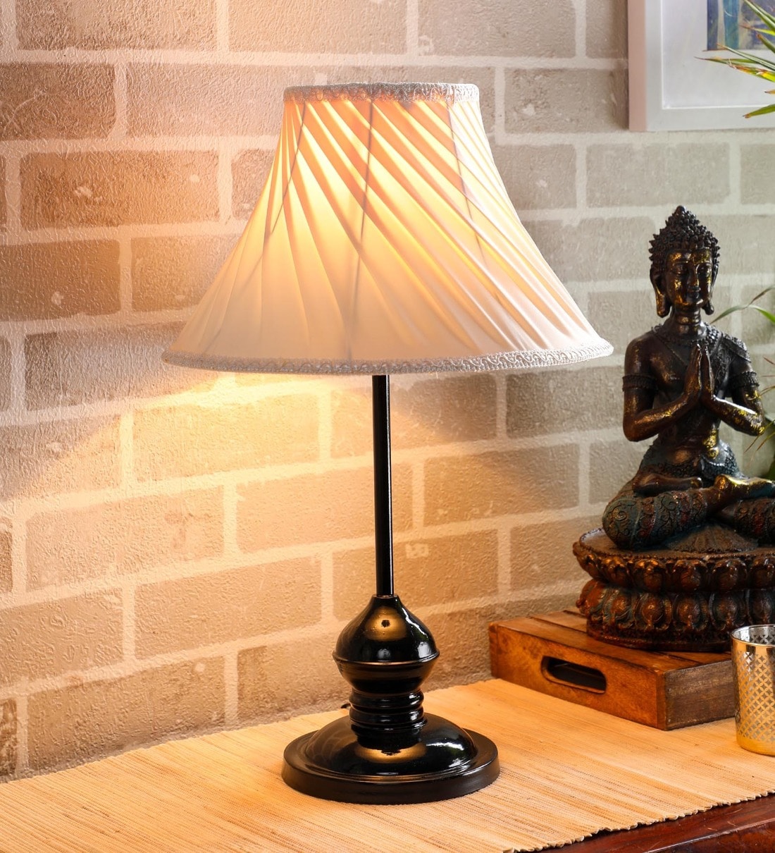 Alper White Fabric Shade Night Lamp With Metal BaseShare By Tu Casa