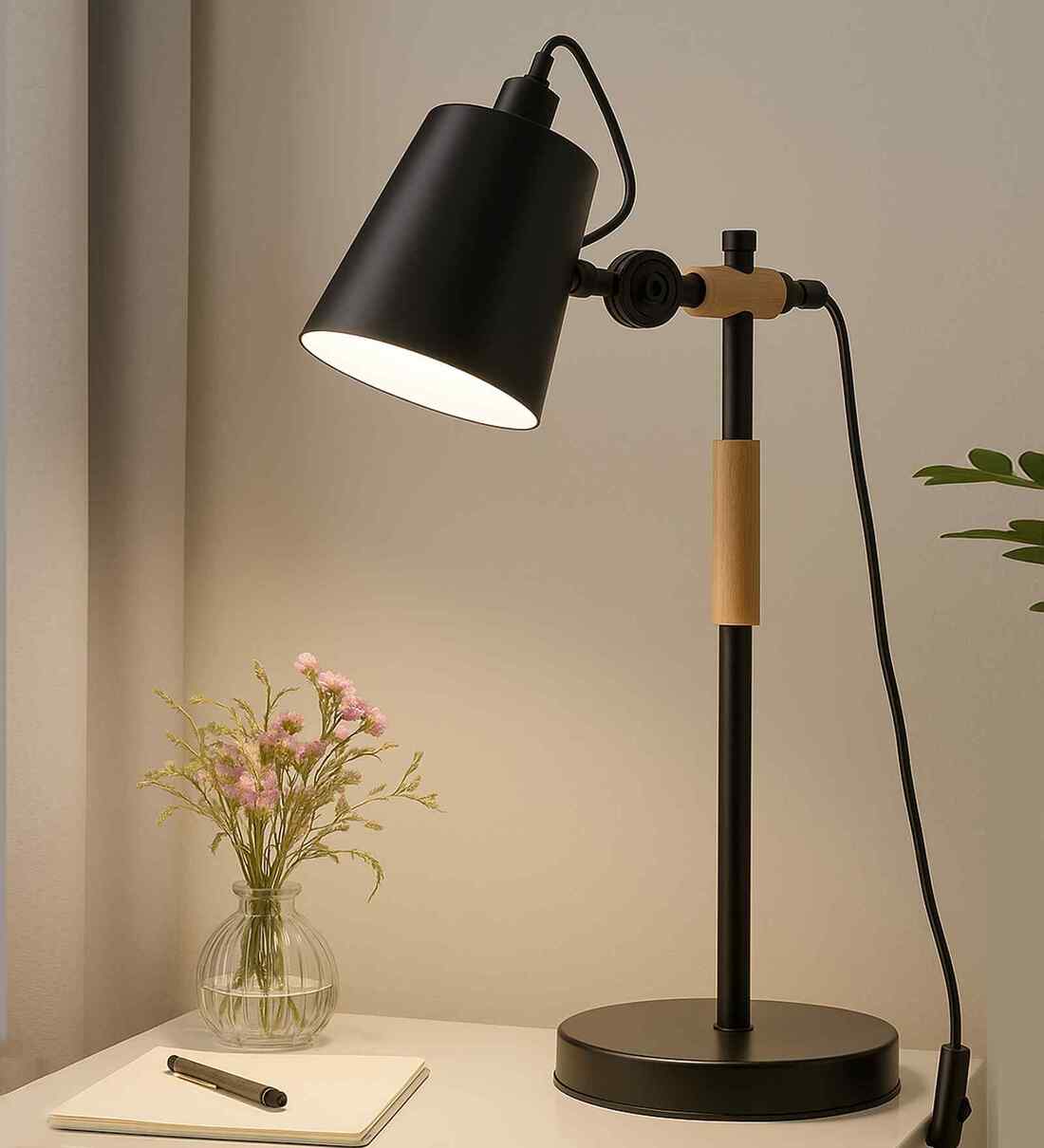 Nordic Adjustable Black Colour Metal Reading Lamp with Solid Natural Wood BaseShare By Homesake