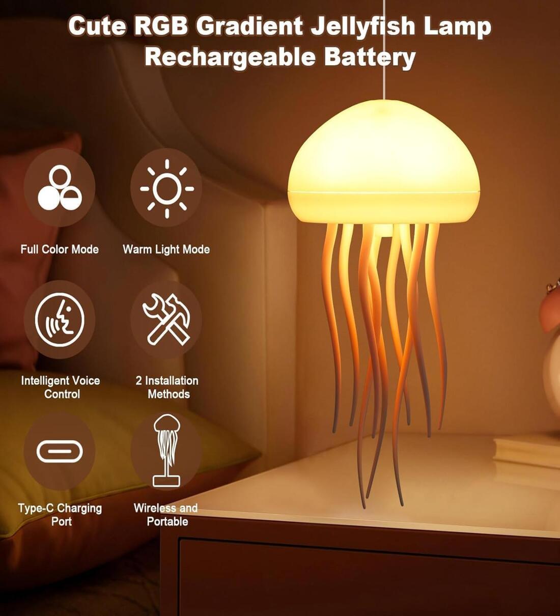 Jellyfish LED USB Rechargeable Touch Sensor & Voice Control with Remote Control & RGB Gradient Night Plug-in LampShare By Wens