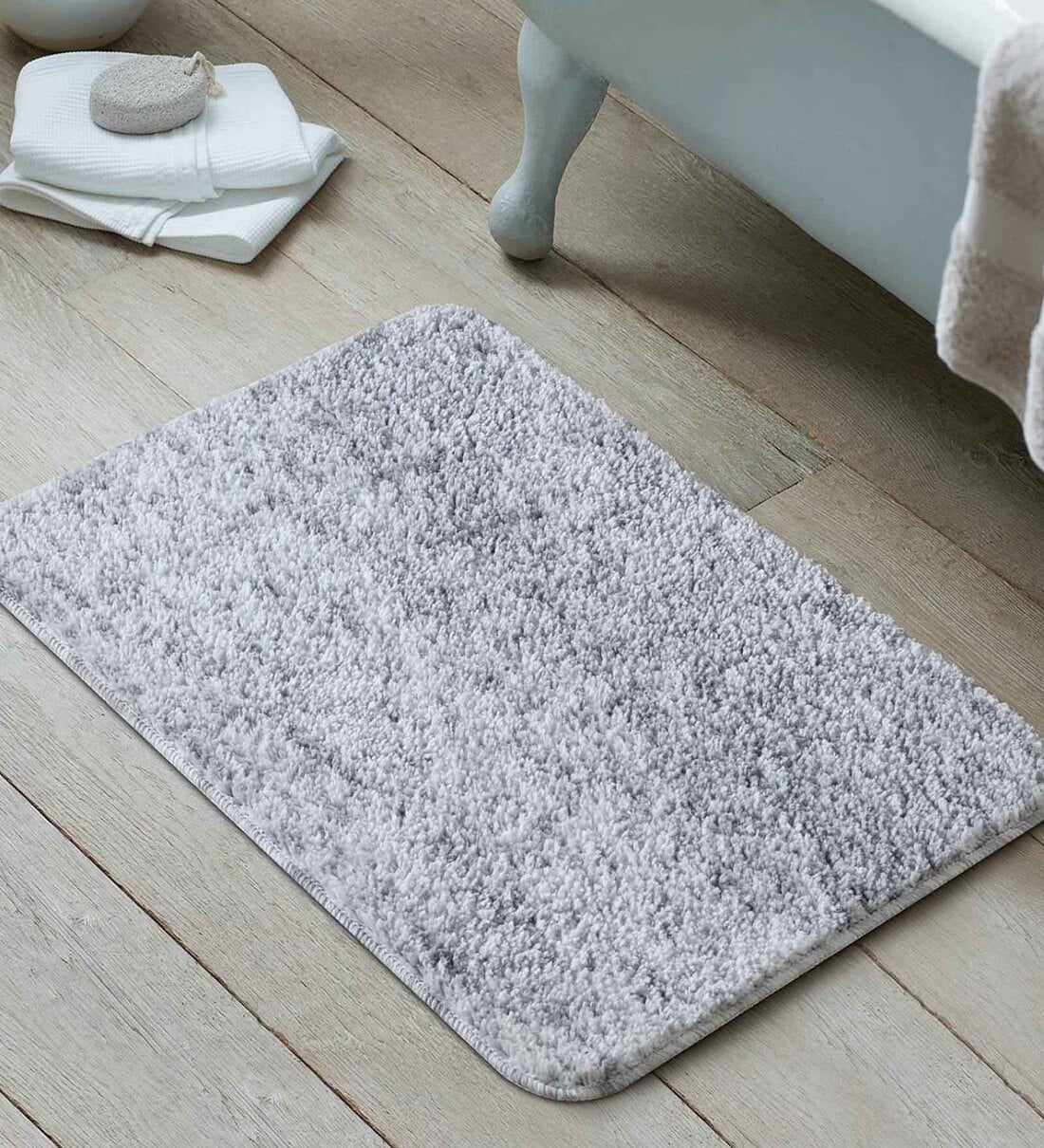Silver Solid Shaggy Polyester 24x16 Inches AntiSkid Bath MatShare By Obsessions