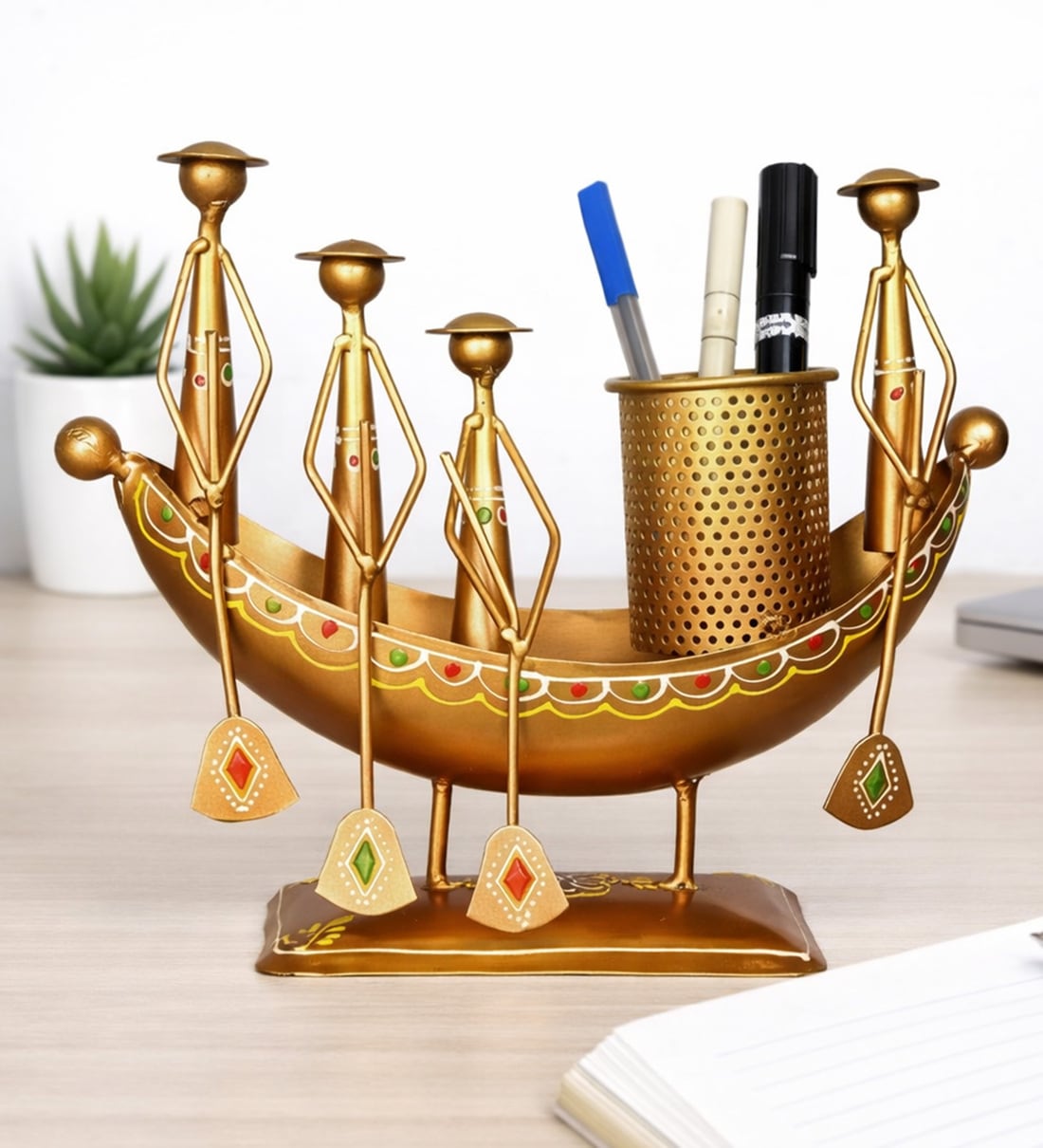 Metal Handpaited Decorative Boat Pen Stand in Golden FinishShare By Desert Art