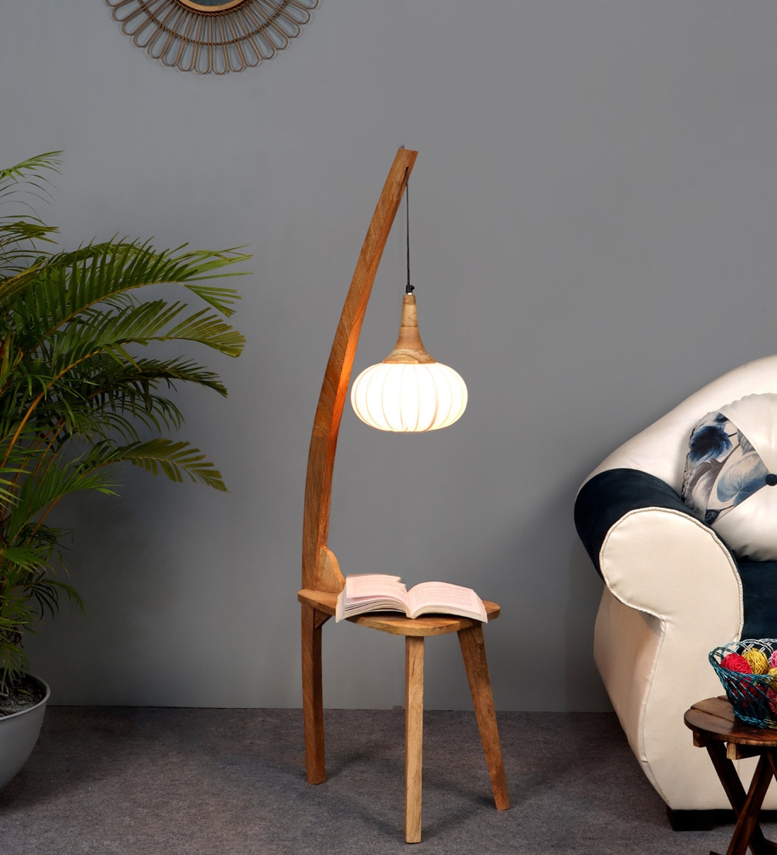 Wave E14 Holder Natural Wood Finish Mango Wood Shelf Floor Lamp With White Colour Cloth ShadeShare By Sapphire