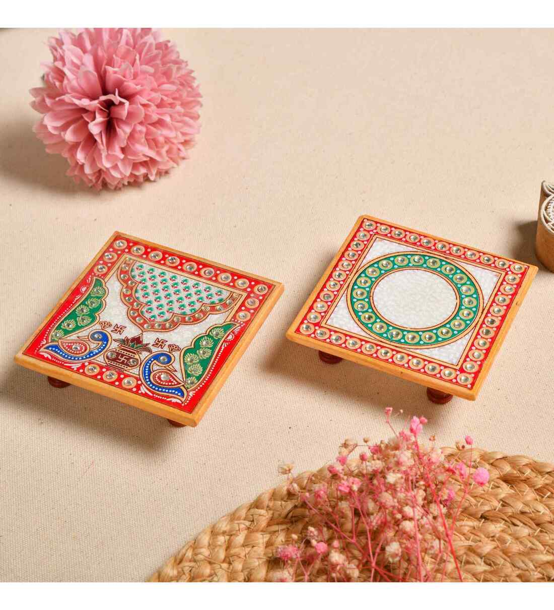 Multicolor Marble Puja Chowki for God Idols (Pack of 2)Share By Fashion Bizz