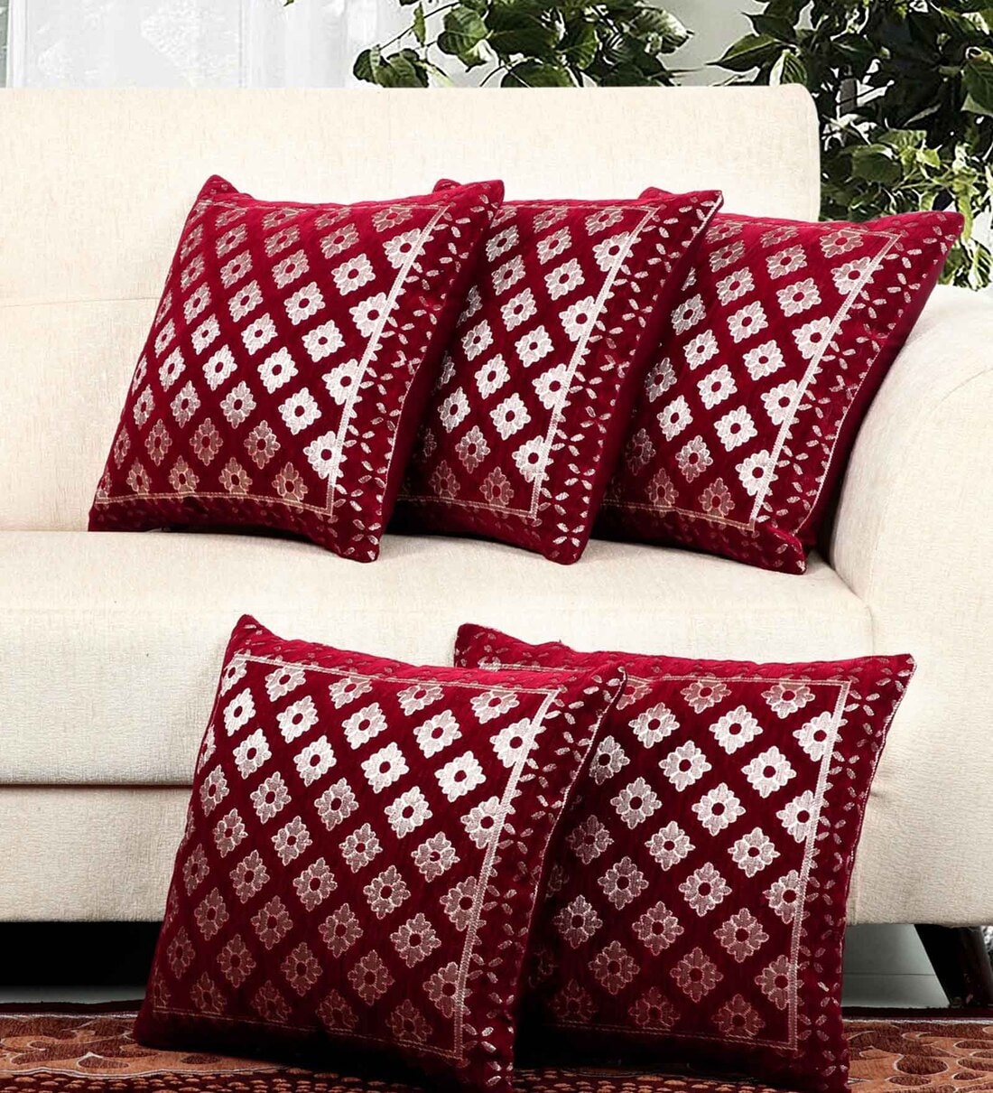 Maroon Abstract Chenille 16 X 16 Inches Cushion Cover (Set of 5)Share By Bella True