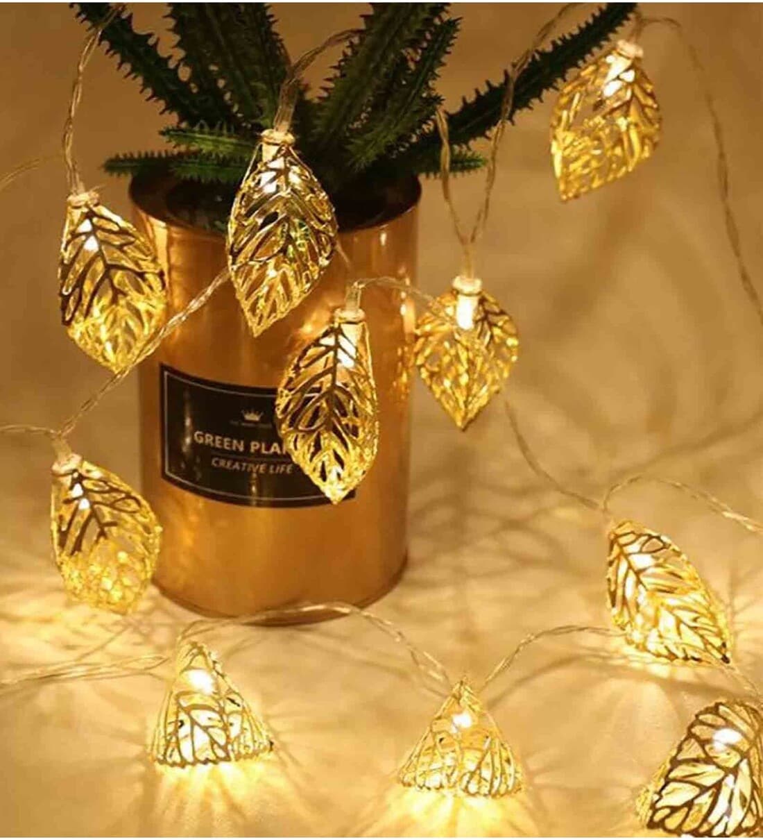 Golden Leaf Warm White 14 LEDs 5 Mtrs Moroccon Copper LED String LightShare By Homesake