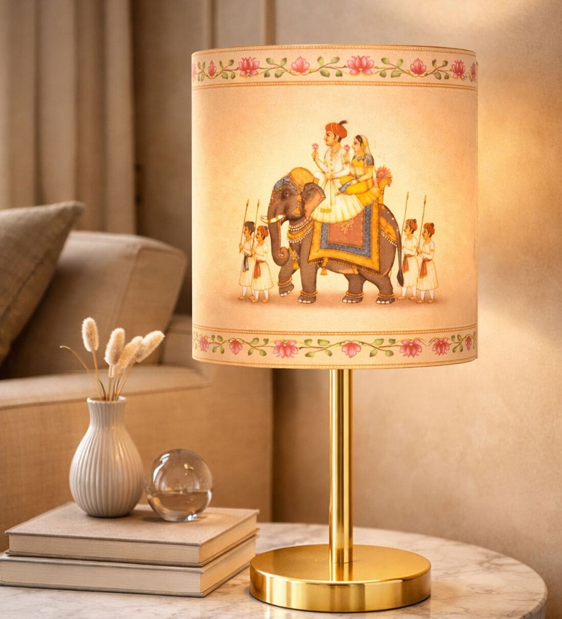 Luxe Flat Gold Table Lamp with Indian Art ShadeShare By Homesake