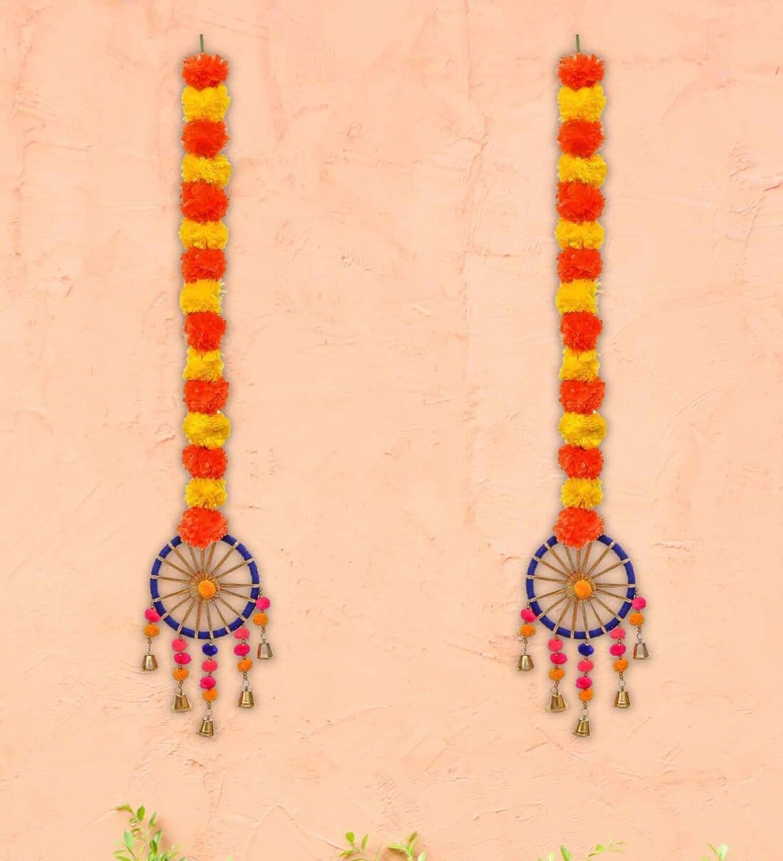 Orange & Yellow Plastic Artificial Marigold Flowers Hangings with Bangles Ringing Bells (Set of 2)Share By eCraftIndia