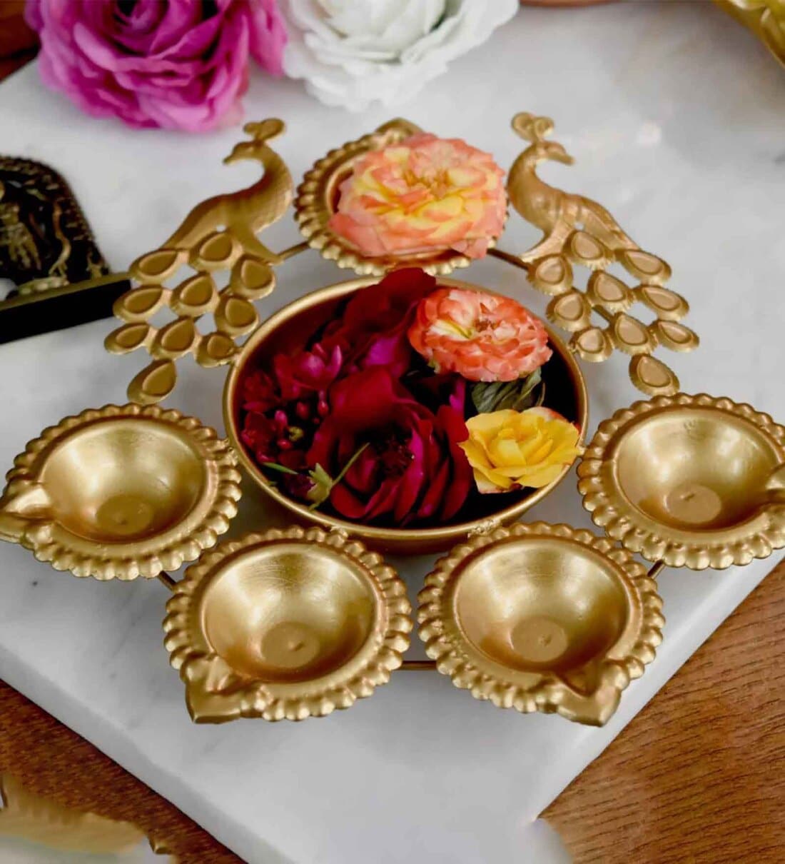 Decorative Metal Peacock Urli (Golden)Share By Wens