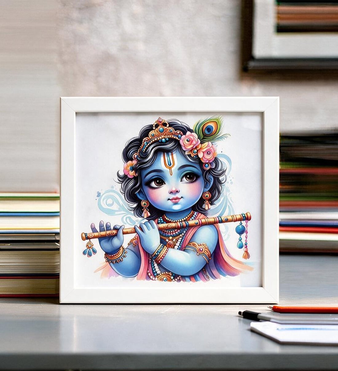 White Little Krishna Mini Table Frame 5 X 5 InchShare By Wens
