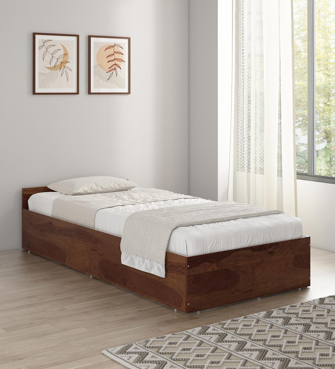 Kosmo Sage Single Bed With Box Storage In Walnut FinishShare By Spacewood