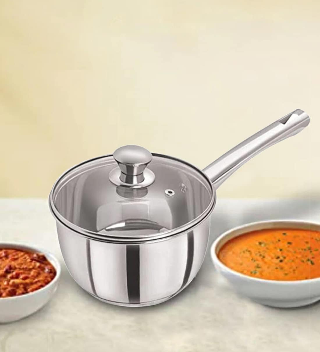 Silver 1.8 Ltrs Tri Ply Induction Base Stainless Steel Sauce Pan With Glass LidShare By Pristine