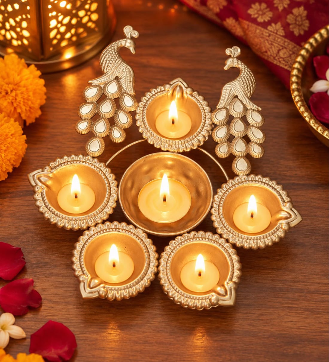 Traditional Peacock Design Metal Finish Diya Stand with 5 Tea Light CandleShare By VoiDrop