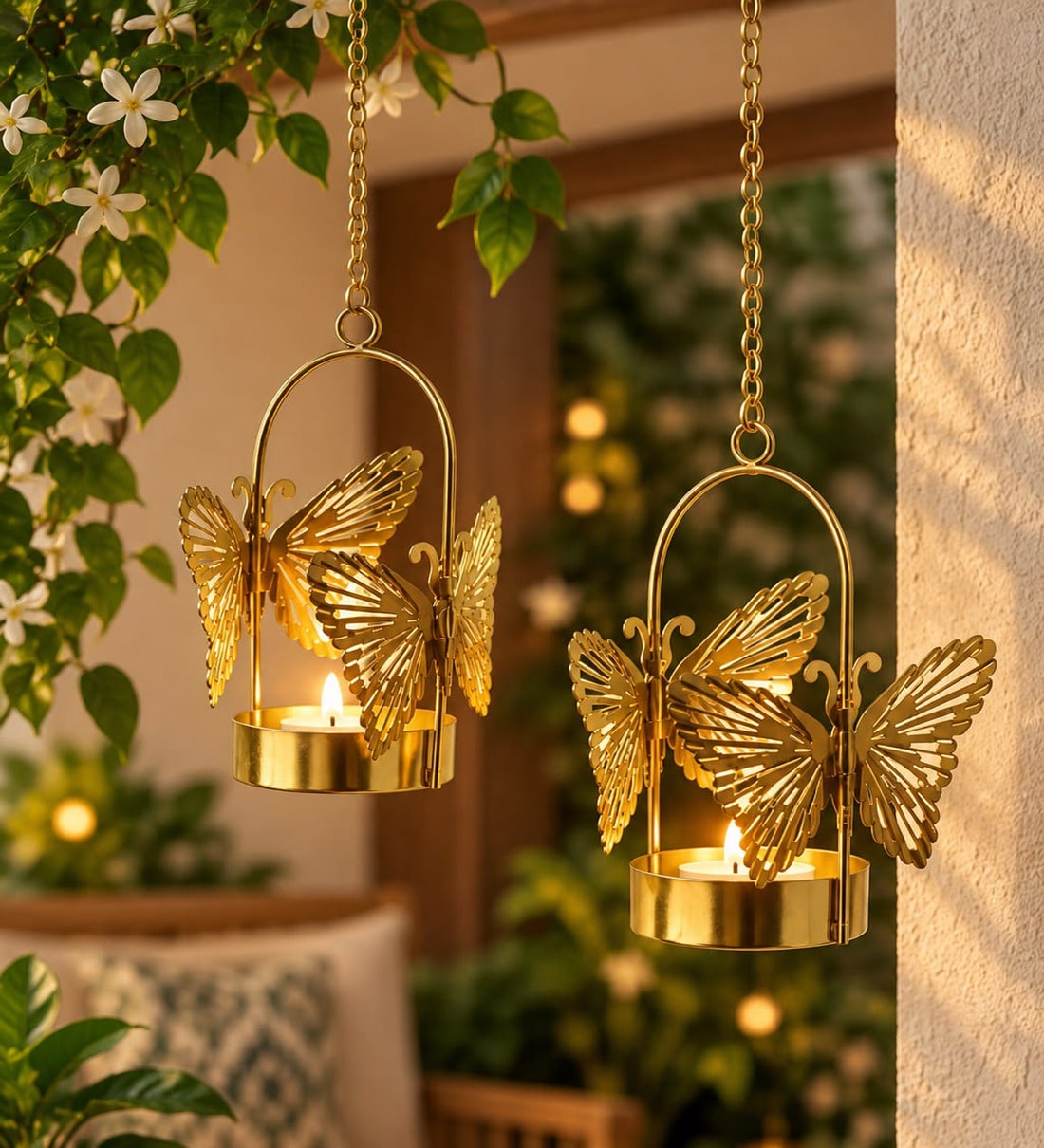 Butterfly Design Hanging Tealight Holders with Gold Finish and Tealight Candle 2 PcsShare By VoiDrop
