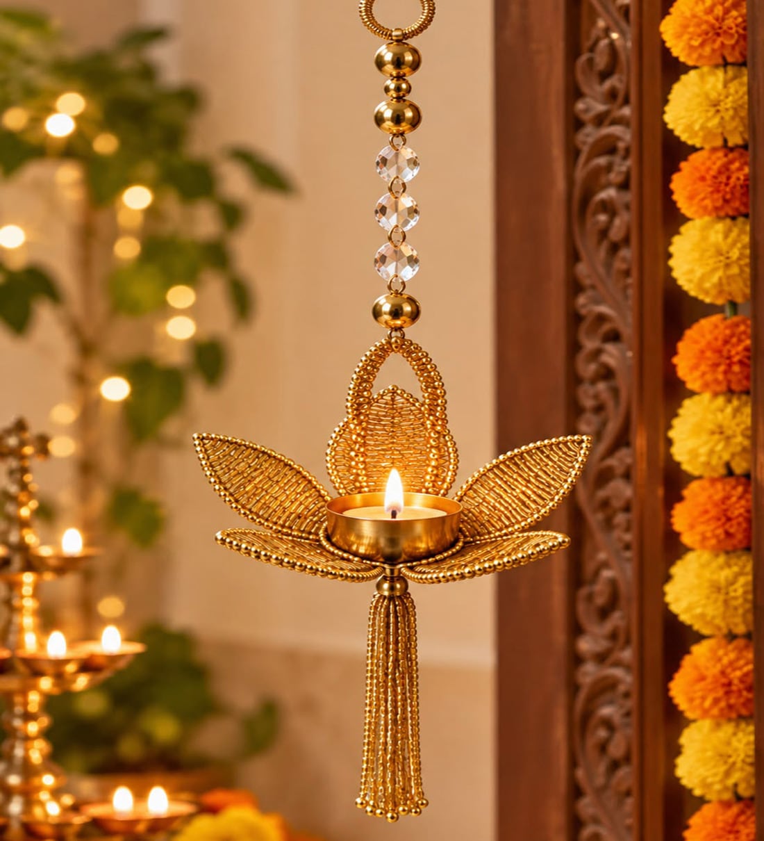 Traditional Golden Lotus Hanging Diya Holder with Beads and Tassel with Tealight CandleShare By VoiDrop