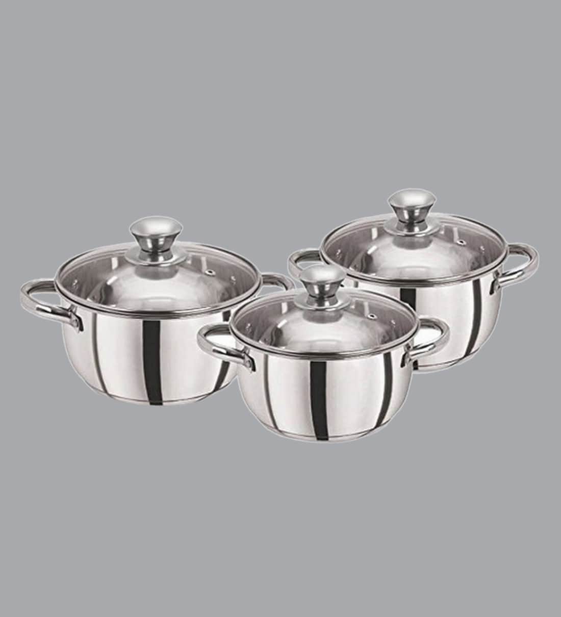 Silver Stainless Steel Tri Ply Induction Base Cookware/Casserole Set With Glass LidShare By Pristine
