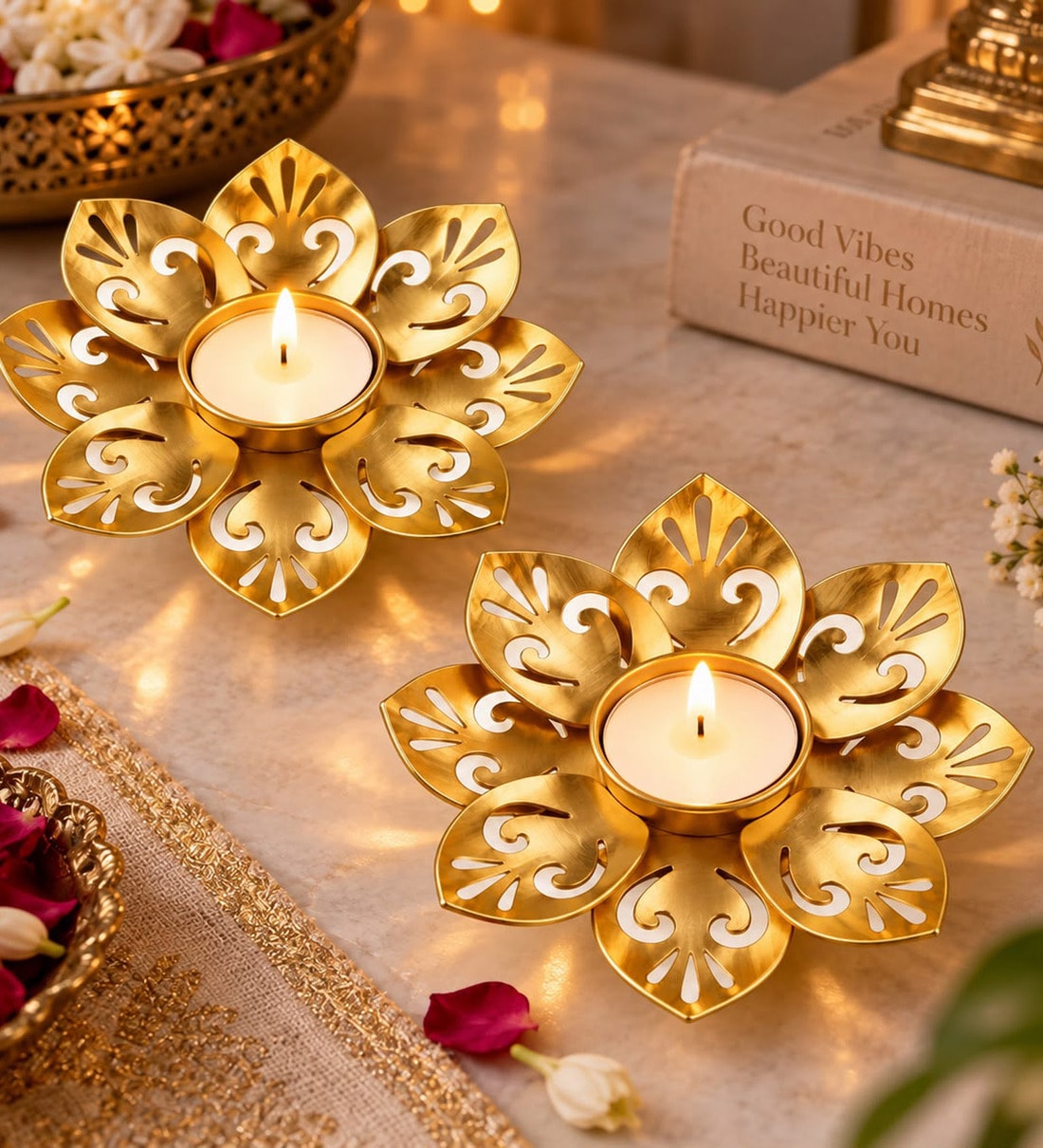 Golden Floral Metal Tealight Holders with Intricate Cutwork Design and Tealight Candle 2 PcsShare By VoiDrop