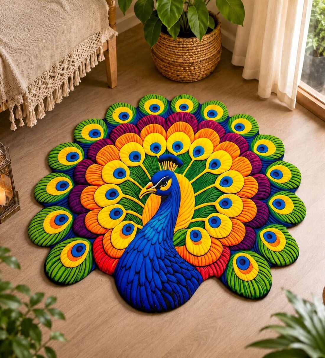 Multicolor 23x23 Inch Peacock Floral 7D Rubber Printed Rangoli Floor MatShare By Regalo
