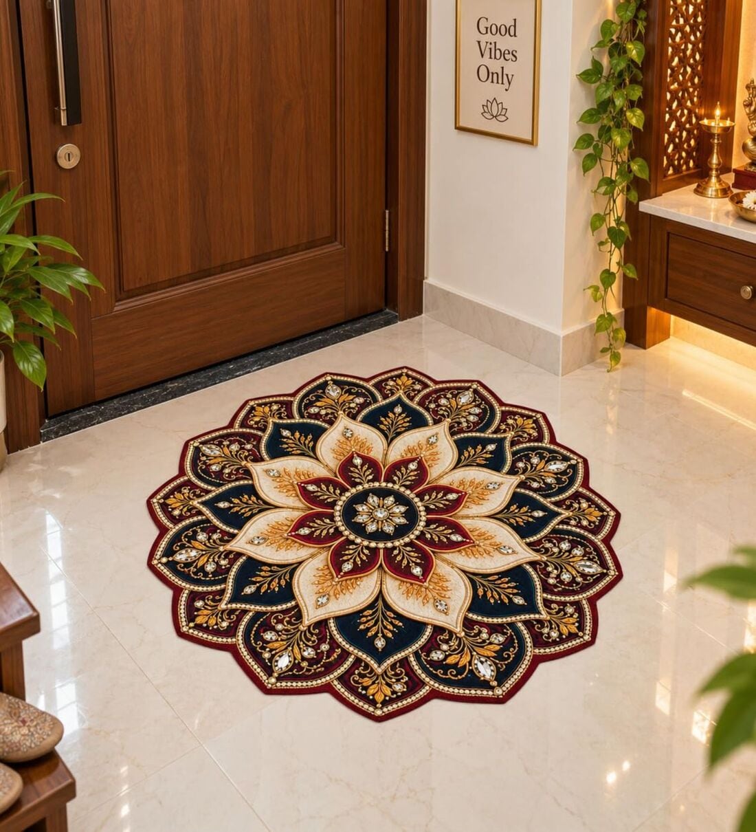 Maroon & Black 23x23 Inch Lotus Mandala 7D Printed Floor MatShare By Regalo