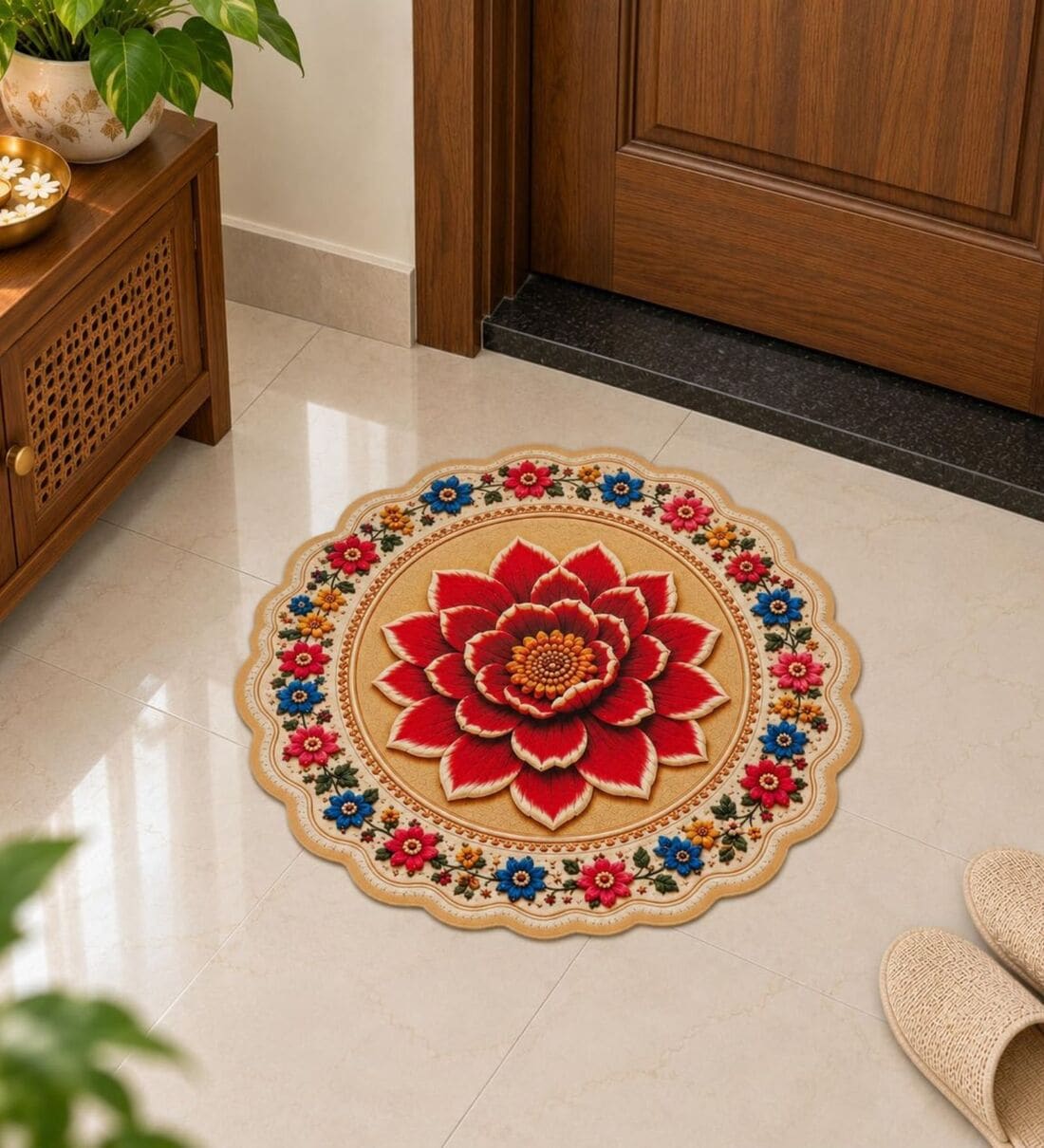 Beige & Red 23x23 Inch Lotus Mandala 7D Rubber Printed Rangoli Floor MatShare By Regalo