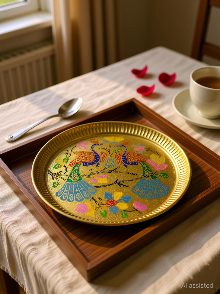 Spillbox Traditional Handcrafted Brass Thali/Aarti Plate for Puja/Worship -Peacock Plate Tray
