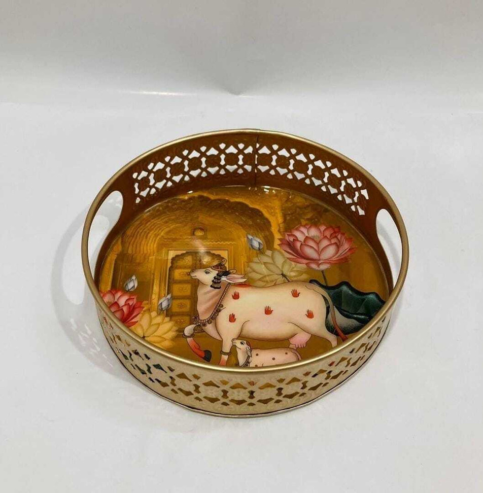 bbstore Decorative Serving yellow Tray with cow|Platter for Home Décor Tray