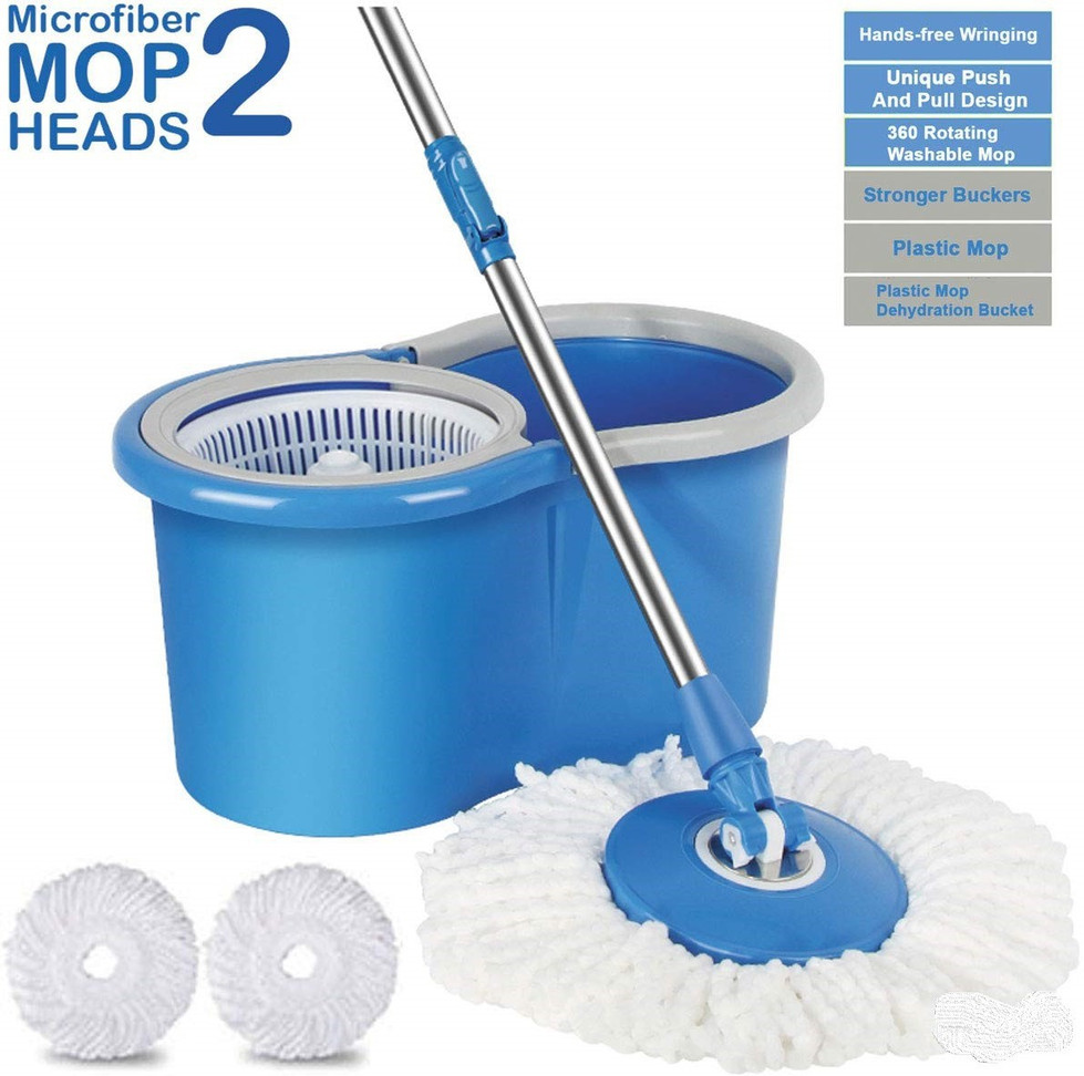 GTE GTE Spin Floor Cleaning Easy Bucket Mop with 2 Microfiber Refill Head Mop Set (Blue)
