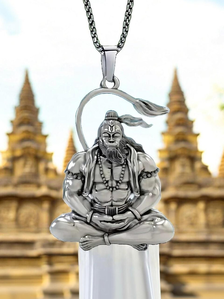 P R PRINTS Hanuman Silver Locket With Oxidised Silver Chain Stainless Steel