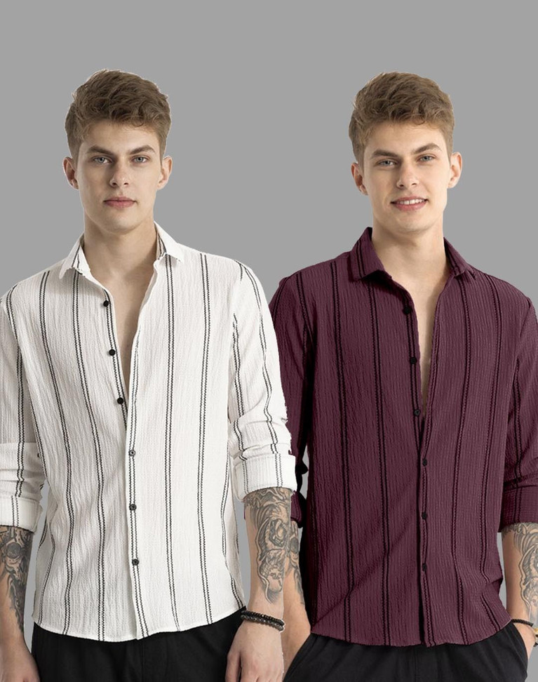 TIGERSNAKE Men Solid Casual White, Purple Shirt